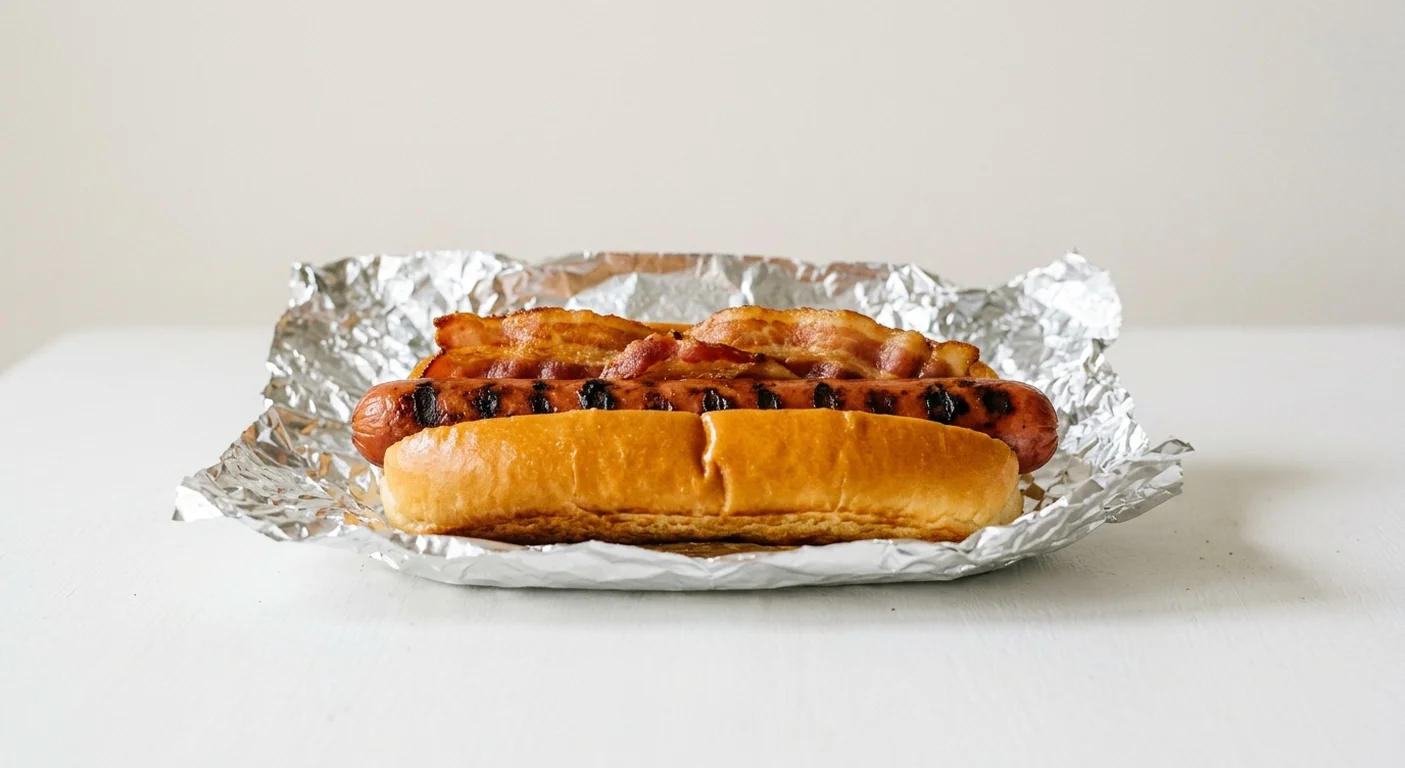 Five Guys Bacon Dog, a split griddled beef hot dog topped with crisp bacon in a foil wrap, nutrition and calories
