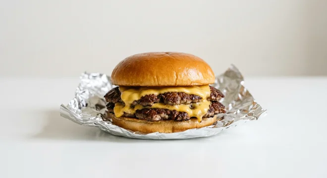 Five Guys Cheeseburger, two smashed beef patties with melted cheese in a plain bun in a foil wrap, nutrition and calories
