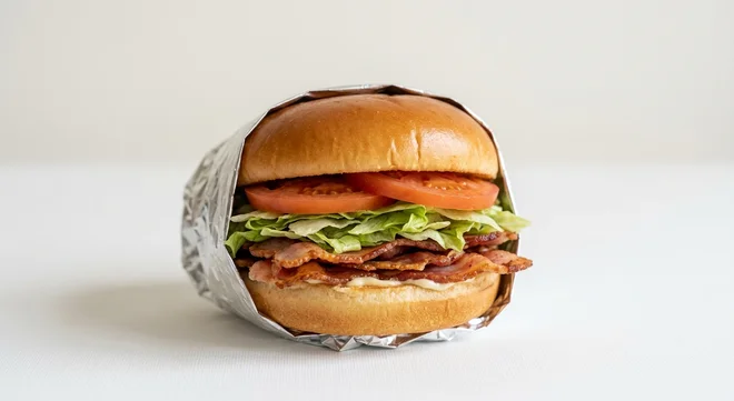 Five Guys BLT, crisp bacon, lettuce and tomato in a soft bun in a foil wrap, nutrition and calories
