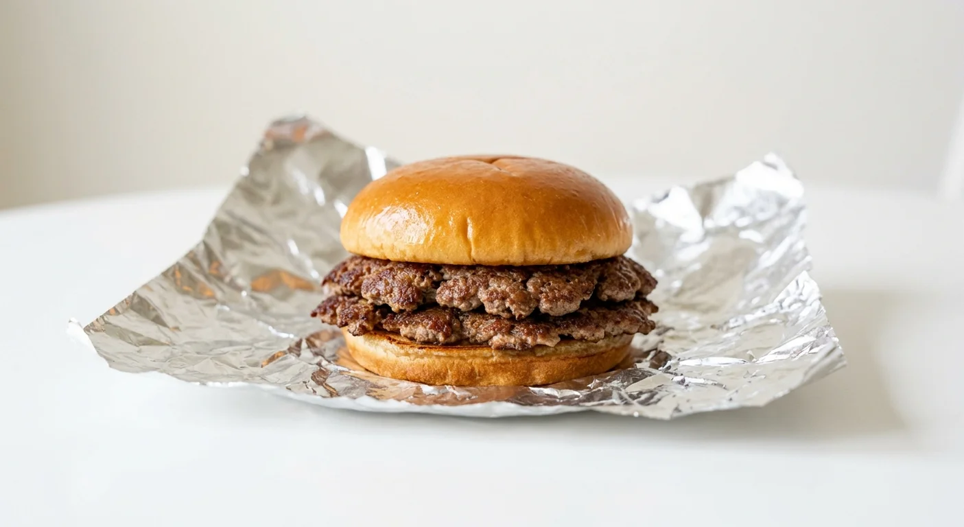 Five Guys Hamburger, two smashed beef patties in a plain bun in a foil wrap, nutrition and calories