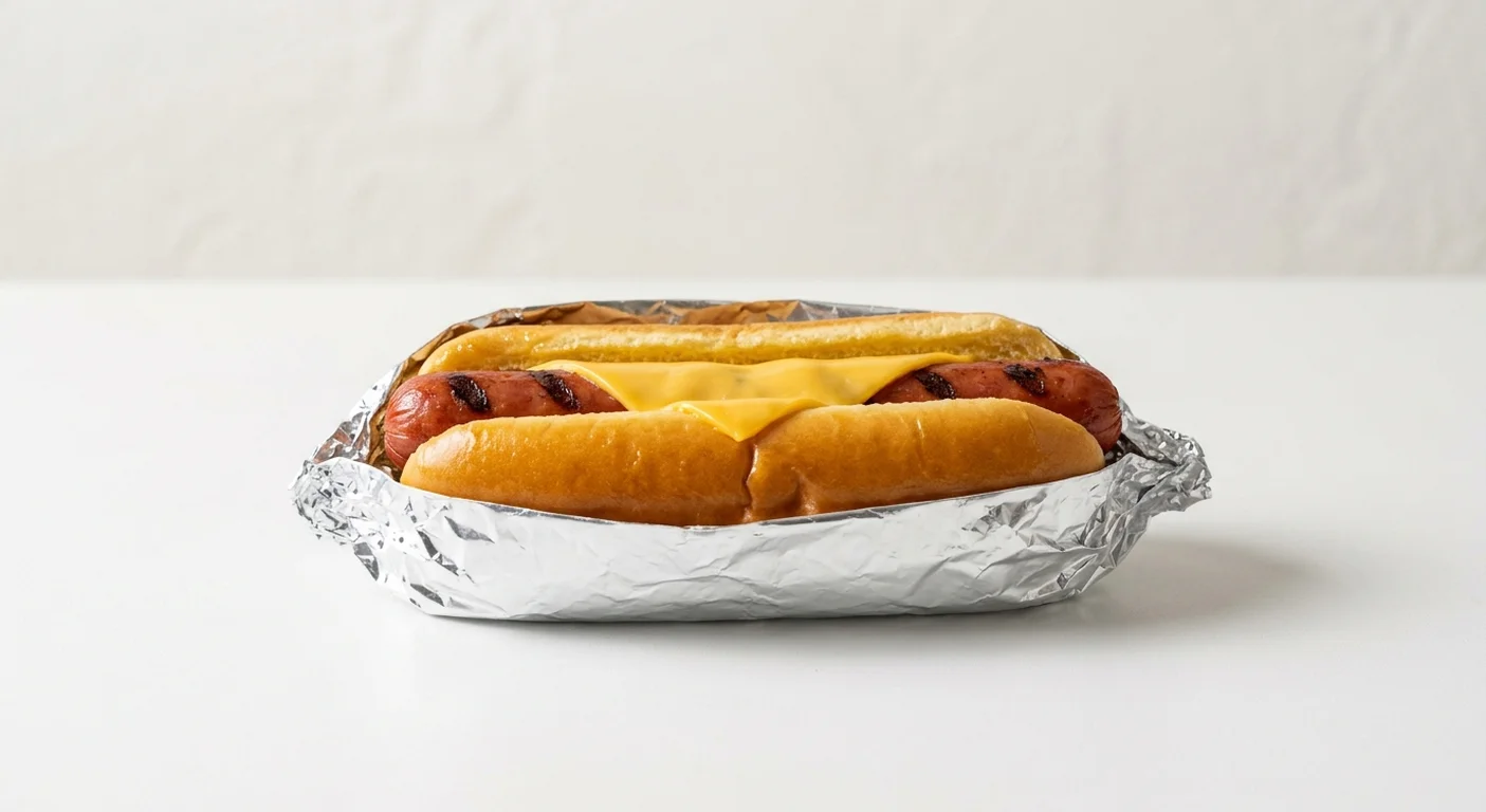 Five Guys Cheese Dog, a split griddled beef hot dog with melted cheese in a foil wrap, nutrition and calories
