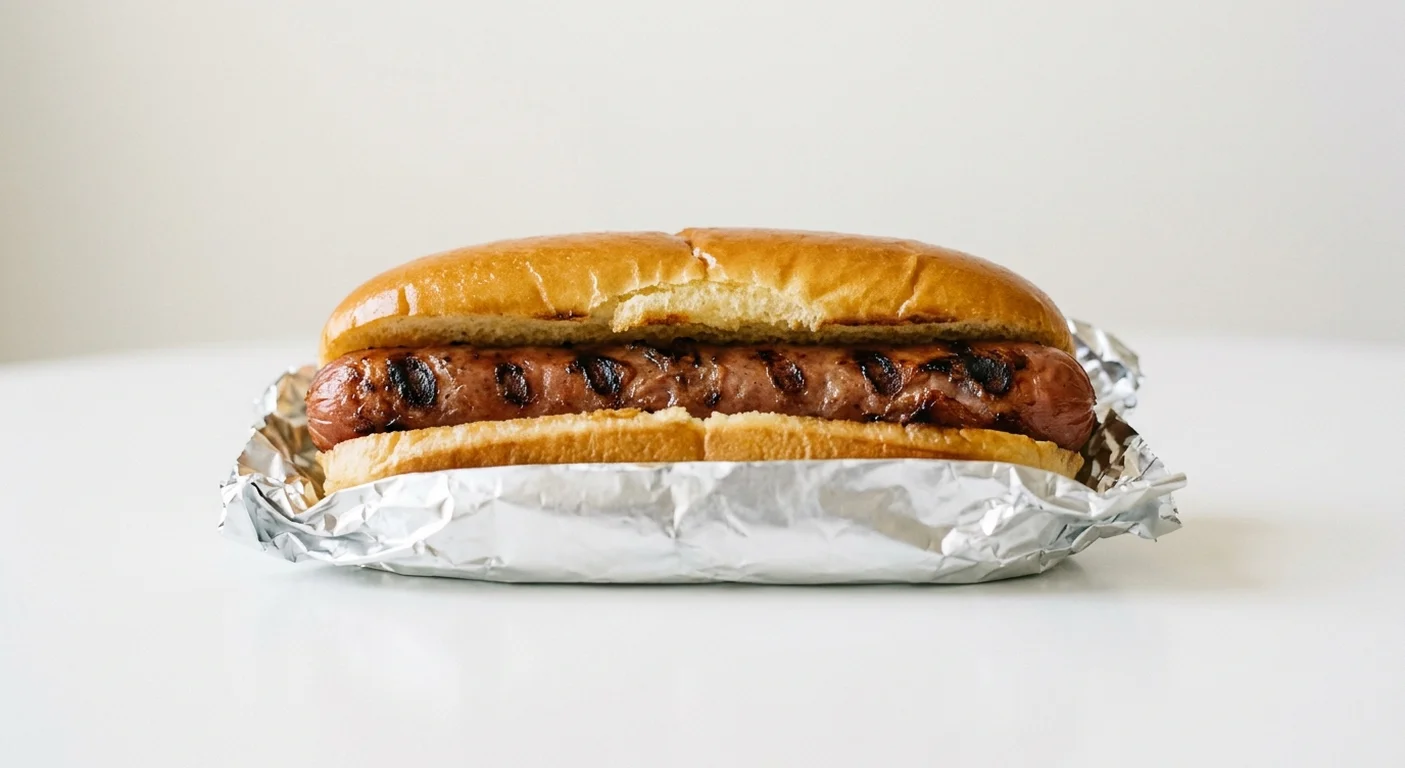 Five Guys Hot Dog, a split griddled beef hot dog in a soft bun in a foil wrap, nutrition and calories