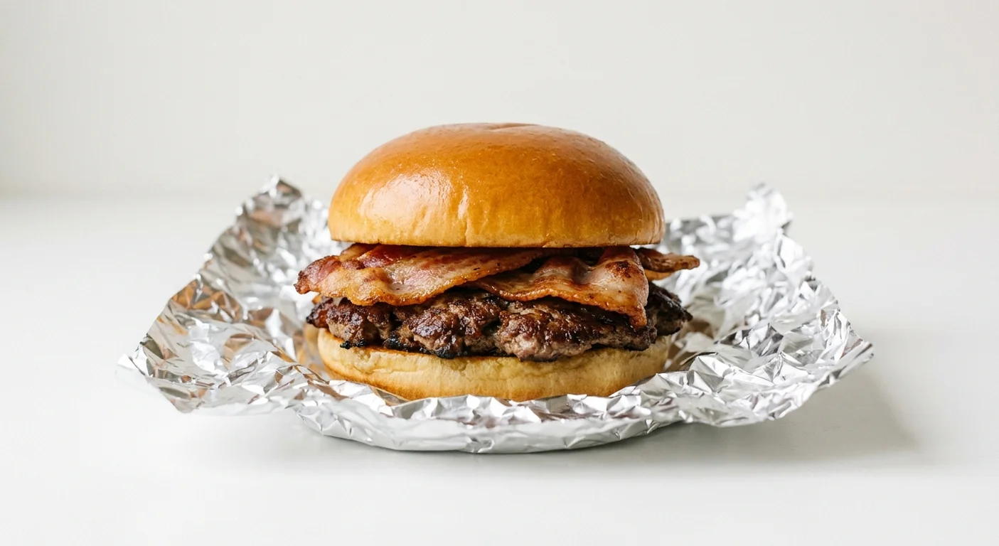 Five Guys Little Bacon Burger, one smashed beef patty topped with crisp bacon in a foil wrap, nutrition and calories