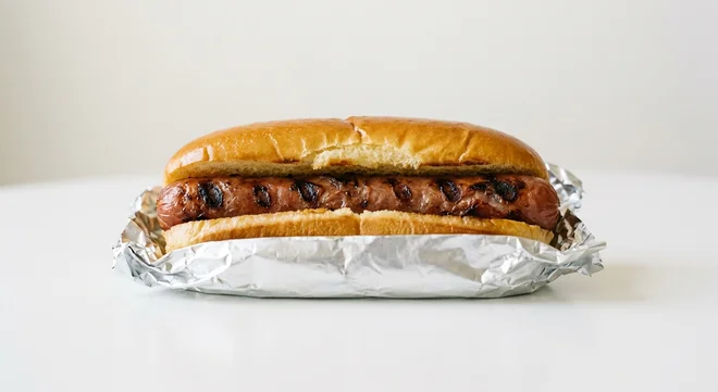 Five Guys Hot Dog, a split griddled beef hot dog in a soft bun in a foil wrap, nutrition and calories