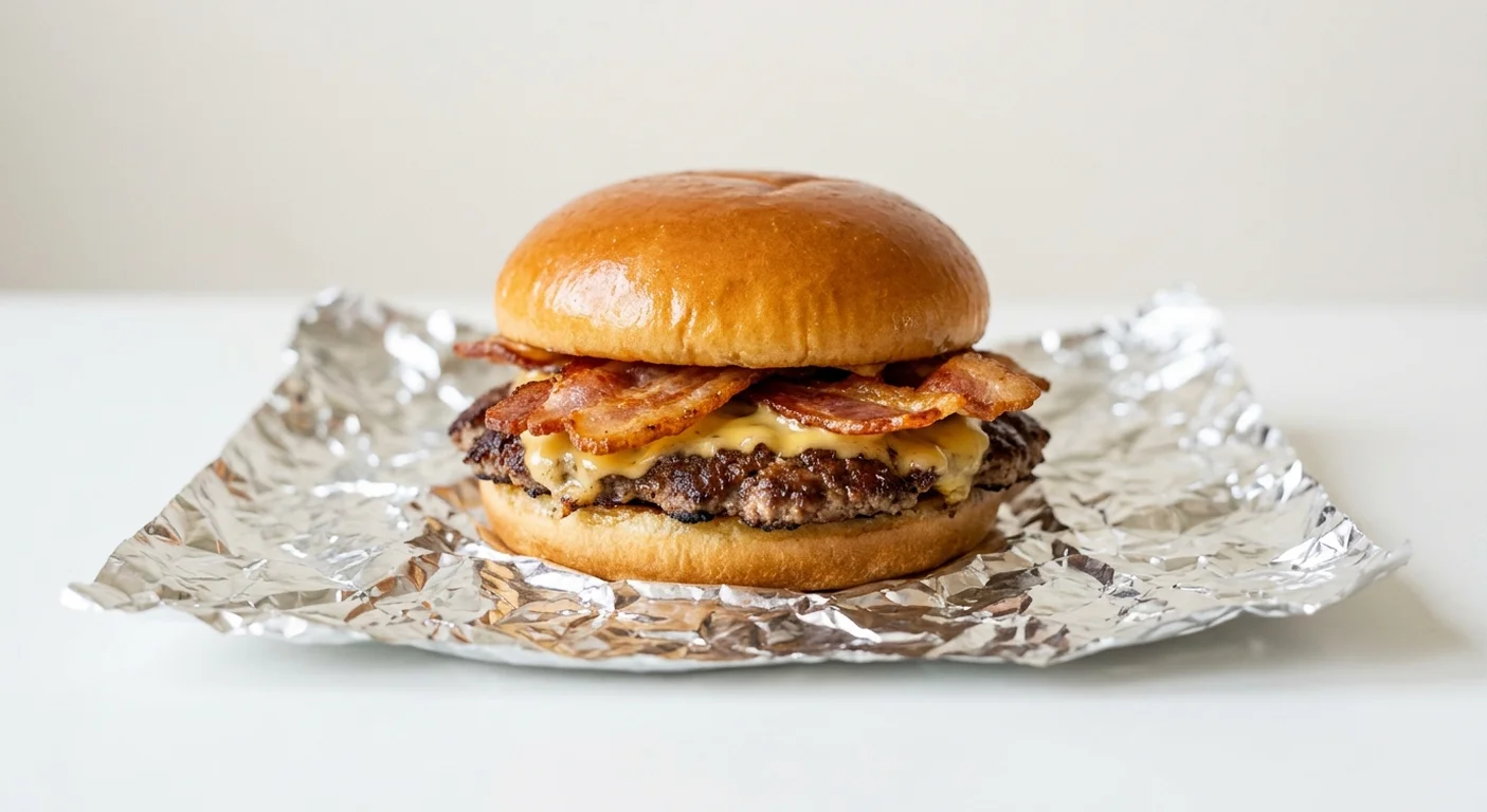 Five Guys Little Bacon Cheeseburger, one smashed beef patty with melted cheese and crisp bacon in a foil wrap, nutrition and calories