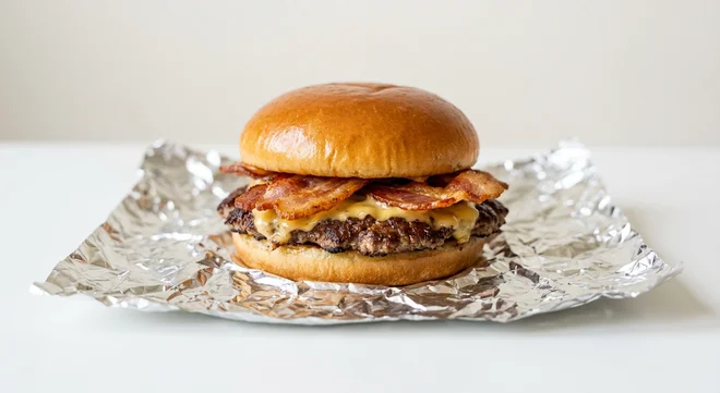 Five Guys Little Bacon Cheeseburger, one smashed beef patty with melted cheese and crisp bacon in a foil wrap, nutrition and calories