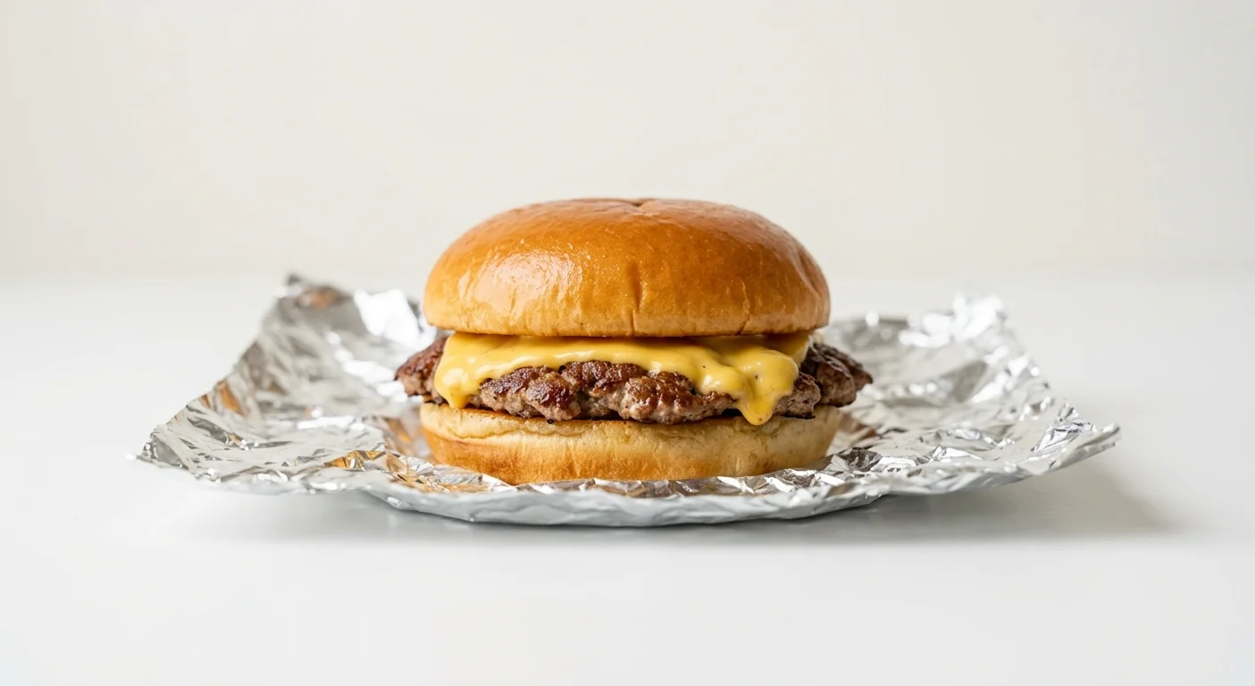 Five Guys Little Cheeseburger, one smashed beef patty with melted cheese in a foil wrap, nutrition and calories
