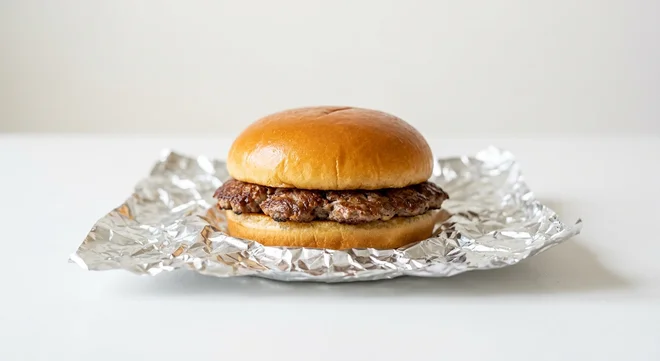 Five Guys Little Hamburger, one smashed beef patty in a plain bun in a foil wrap, nutrition and calories