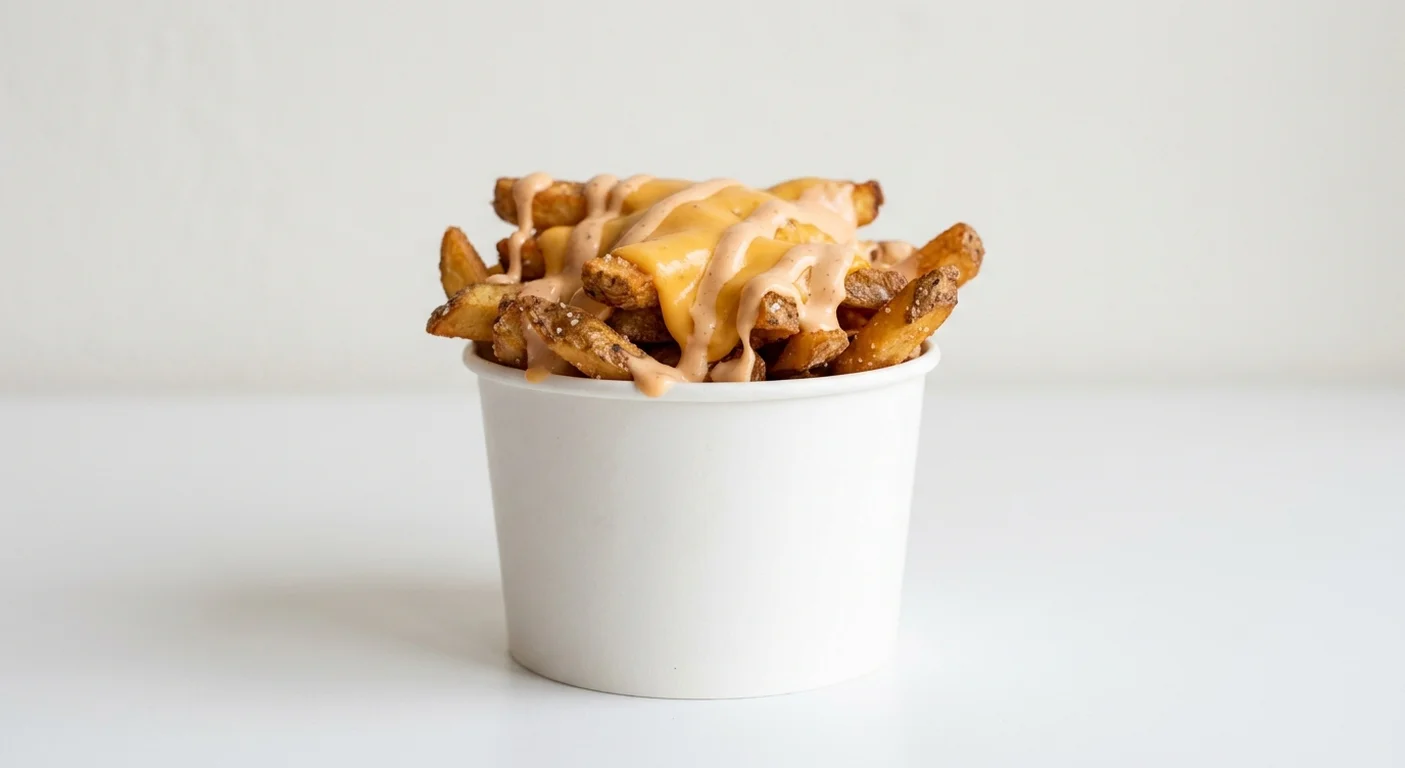 Five Guys Loaded Fries, thick hand-cut fries topped with cheese sauce and fry sauce in a paper cup, nutrition and calories