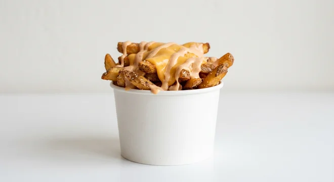 Five Guys Loaded Fries, thick hand-cut fries topped with cheese sauce and fry sauce in a paper cup, nutrition and calories