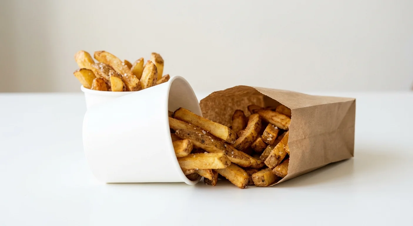 Five Guys Style Fries (Mini), thick skin-on hand-cut fries in a paper cup, nutrition and calories
