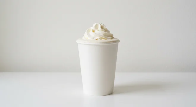 Five Guys Myprotein Shake, a thick creamy vanilla milkshake with whipped cream in a paper cup, nutrition and calories