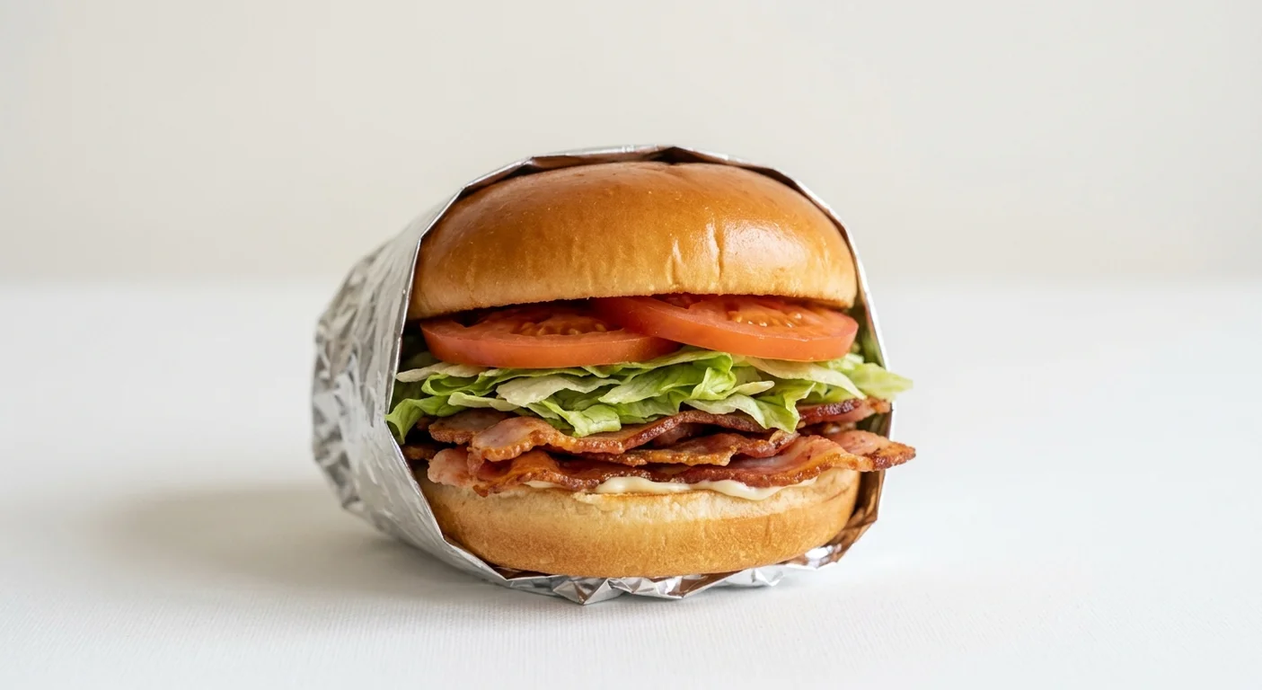 Five Guys BLT, crisp bacon, lettuce and tomato in a soft bun in a foil wrap, nutrition and calories