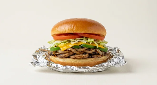 Five Guys Cheese Veggie Sandwich, melted cheese, grilled mushrooms, onions, peppers, lettuce and tomato in a soft bun in a foil wrap, nutrition and calories