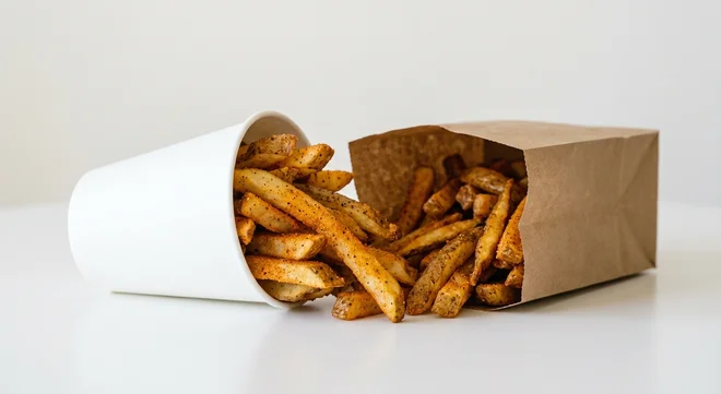 Five Guys Cajun Style Fries (Large), a generous portion of thick hand-cut fries with red Cajun seasoning in a paper cup, nutrition and calories