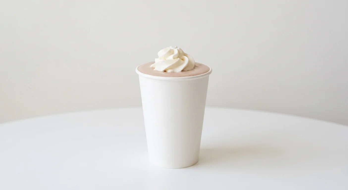 Five Guys Flake Shake, a thick light chocolate milkshake with whipped cream in a paper cup, nutrition and calories
