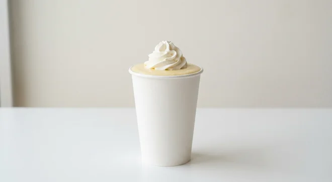 Five Guys Banana Shake, a thick pale yellow banana milkshake with whipped cream in a paper cup, nutrition and calories