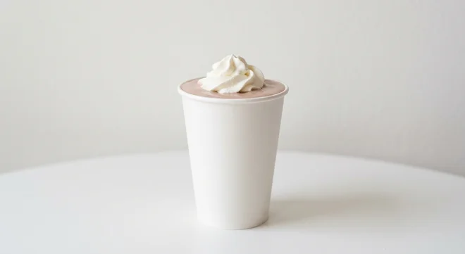 Five Guys Chocolate Shake, a thick chocolate milkshake with whipped cream in a paper cup, nutrition and calories