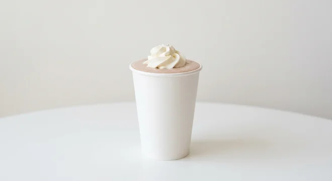 Five Guys Flake Shake, a thick light chocolate milkshake with whipped cream in a paper cup, nutrition and calories