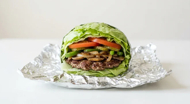 Five Guys Lettuce Wrap, one beef patty with grilled vegetables wrapped in crisp lettuce in a foil wrap, nutrition and calories