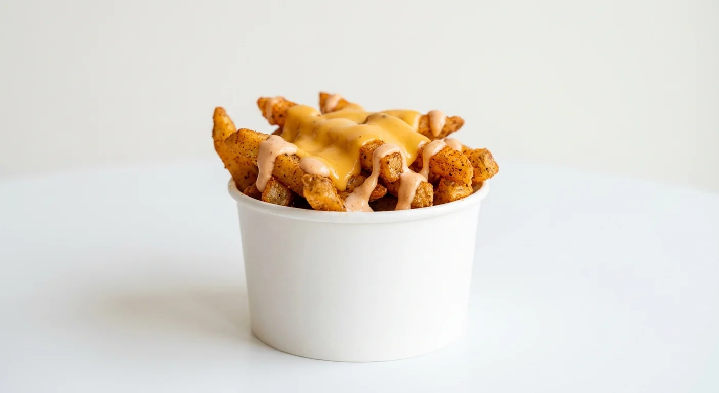 Five Guys Loaded Cajun Fries, Cajun-seasoned fries topped with cheese sauce and fry sauce in a paper cup, nutrition and calories
