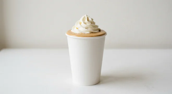Five Guys Lotus Biscoff Shake, a thick caramel biscuit milkshake with whipped cream in a paper cup, nutrition and calories