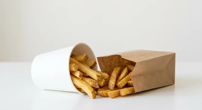 Five Guys Style Fries (Large), a generous portion of thick skin-on hand-cut fries in a paper cup, nutrition and calories