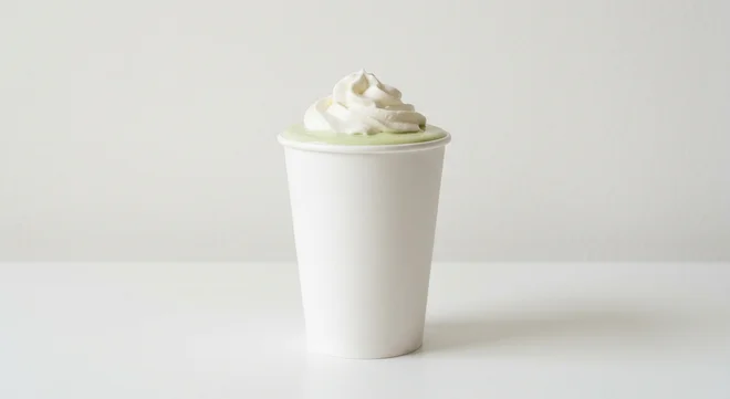 Five Guys Pistachio Shake, a thick pale green pistachio milkshake with whipped cream in a paper cup, nutrition and calories