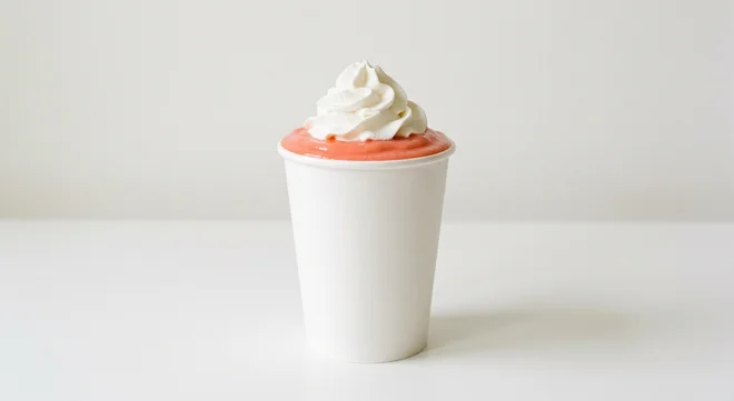 Five Guys Watermelon Shake, a thick coral pink watermelon milkshake with whipped cream in a paper cup, nutrition and calories