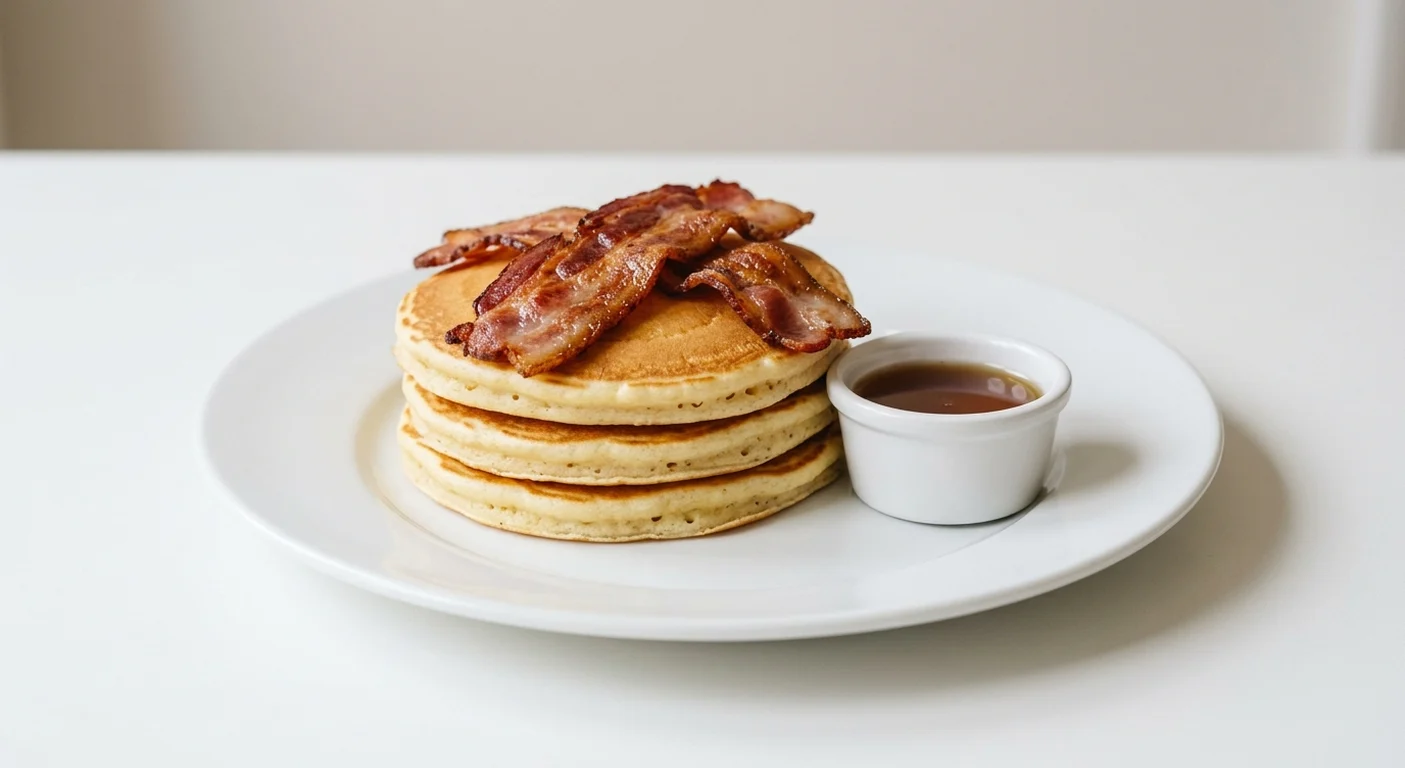 Frankie & Benny's Bacon & Syrup Pancakes (3 Stack), three buttermilk pancakes topped with streaky bacon, with maple syrup on the side on a white plate, nutrition and calories