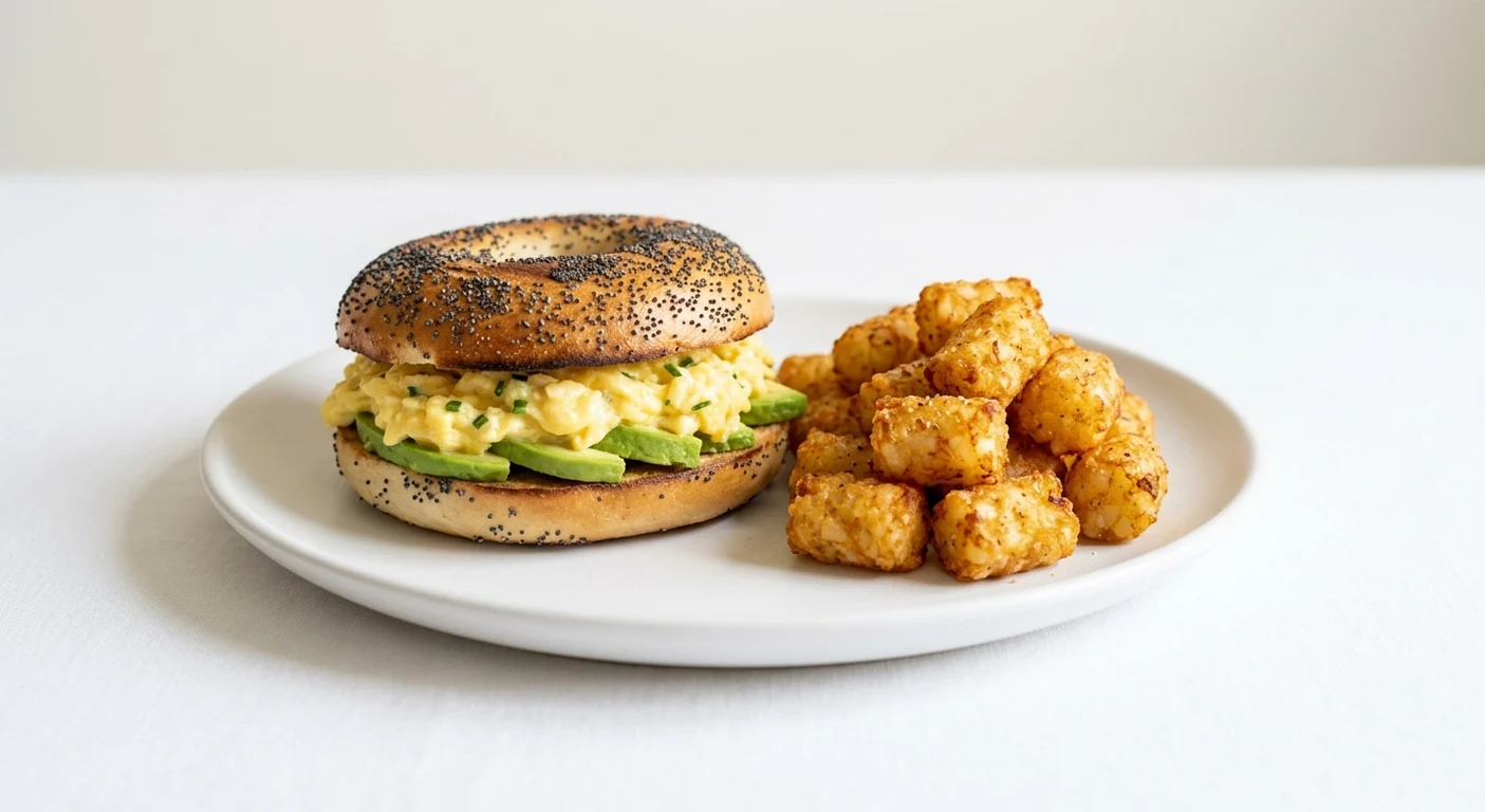 Frankie & Benny's Avo & Scrambled Egg Bagel, poppy seed bagel with scrambled egg and sliced avocado, with potato tots on a white plate, nutrition and calories