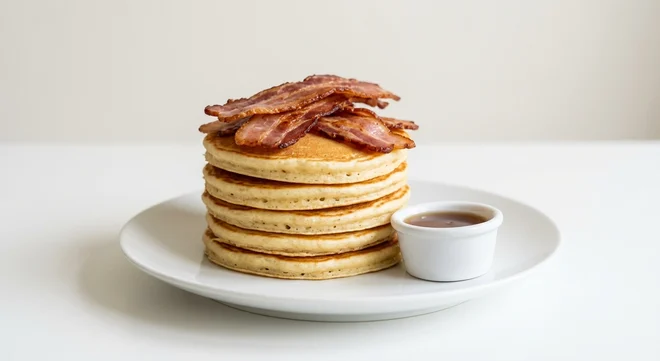 Frankie & Benny's Bacon & Syrup Pancakes (5 Stack), five buttermilk pancakes topped with streaky bacon, with maple syrup on the side on a white plate, nutrition and calories