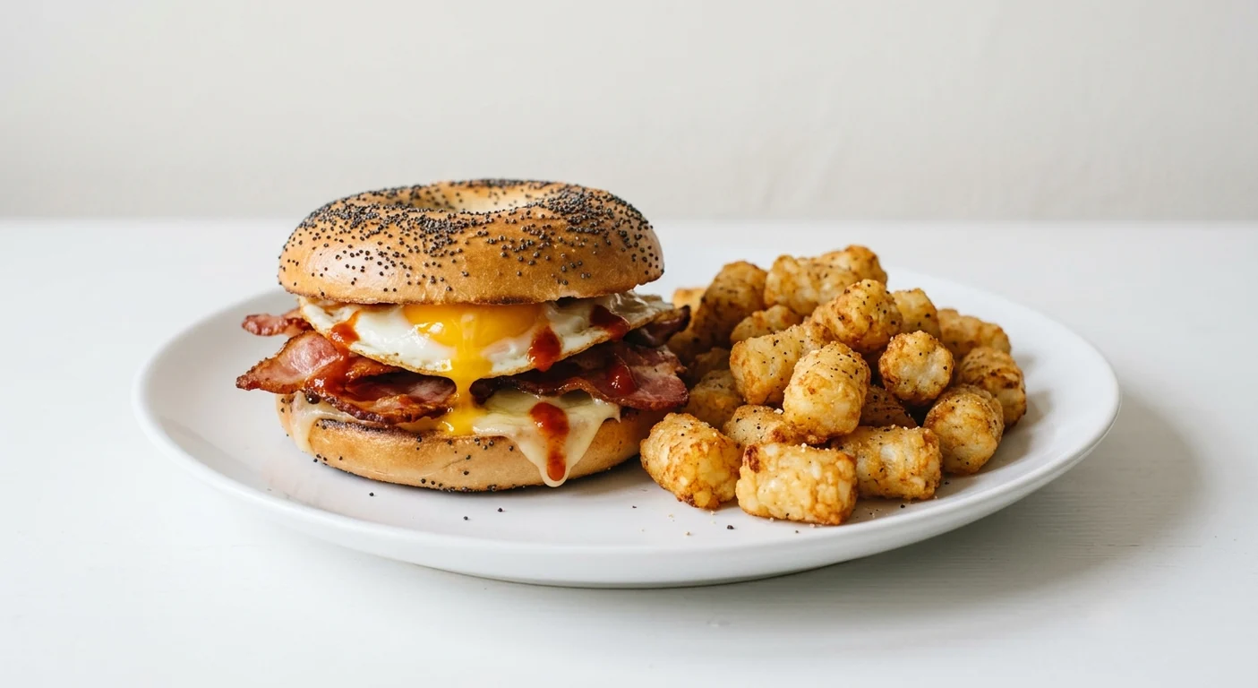 Frankie & Benny's Bacon & Egg Bagel, poppy seed bagel with streaky bacon, fried egg and Monterey Jack, with potato tots on a white plate, nutrition and calories