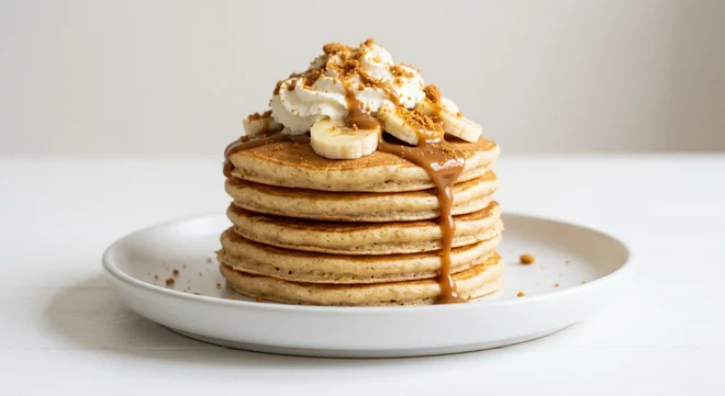 Frankie & Benny's Banana & Biscoff Pancakes (5 Stack), five buttermilk pancakes with banana, caramel biscuit sauce, biscuit crumb and whipped cream on a white plate, nutrition and calories