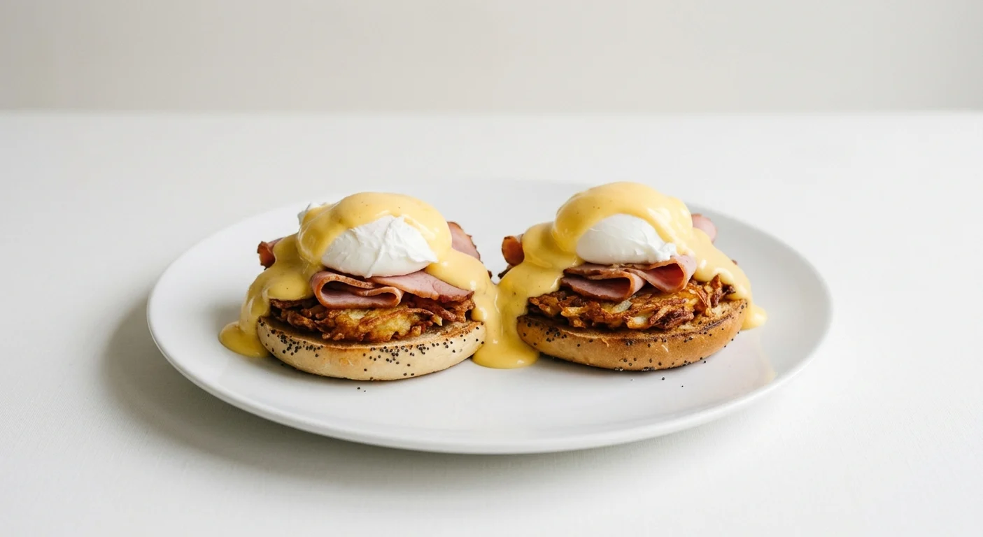 Frankie & Benny's Eggs Benedict, bagel halves with potato rosti, ham, poached eggs and hollandaise on a white plate, nutrition and calories