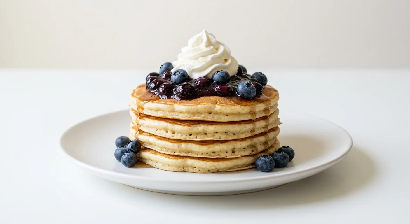 Frankie & Benny's Blueberry Pancakes (5 Stack), five buttermilk pancakes with blueberry compote, fresh blueberries and whipped cream on a white plate, nutrition and calories