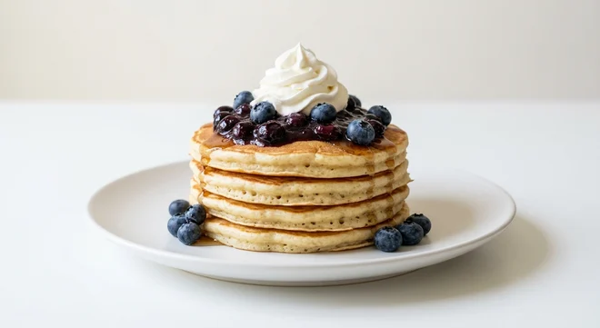 Frankie & Benny's Blueberry Pancakes (5 Stack), five buttermilk pancakes with blueberry compote, fresh blueberries and whipped cream on a white plate, nutrition and calories
