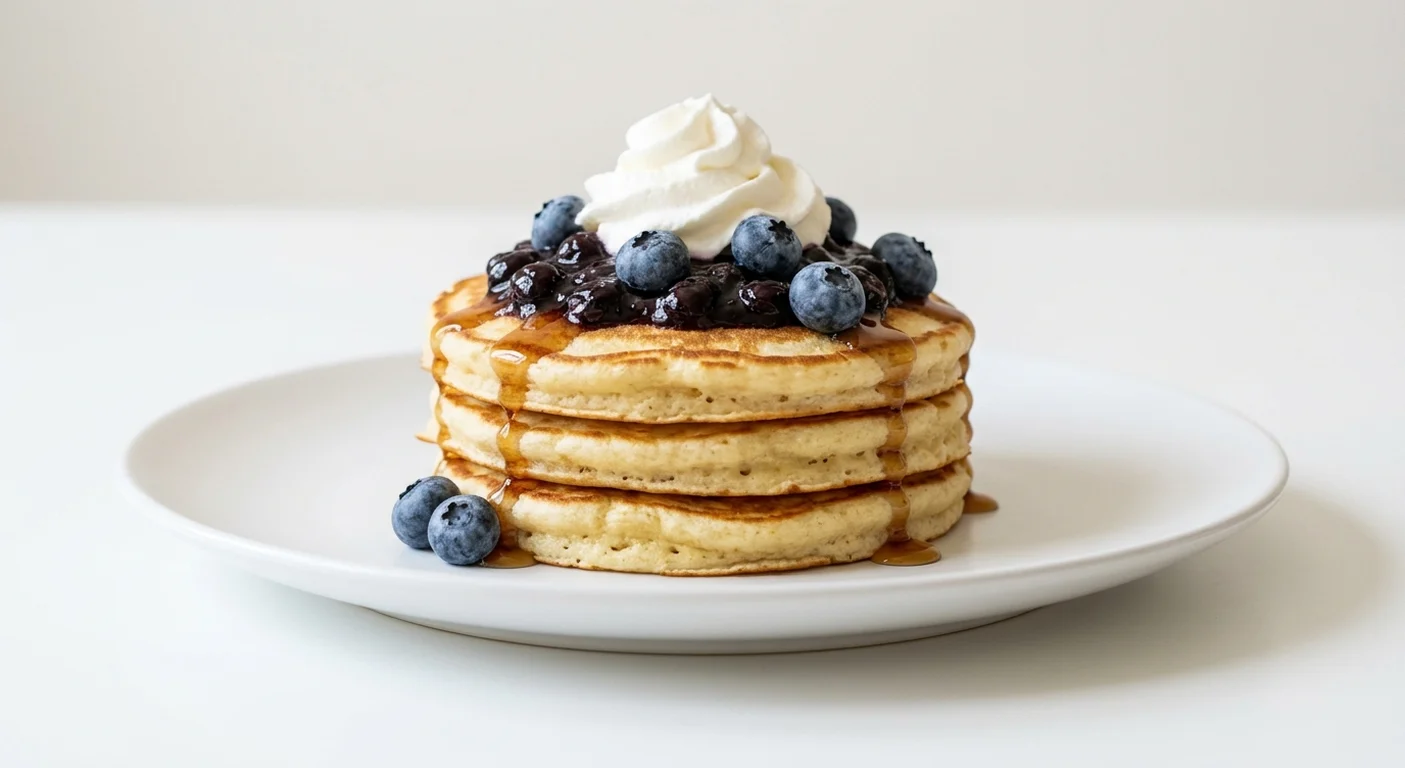 Frankie & Benny's Blueberry Pancakes (3 Stack), three buttermilk pancakes with blueberry compote, fresh blueberries and whipped cream on a white plate, nutrition and calories