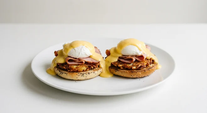 Frankie & Benny's Eggs Benedict, bagel halves with potato rosti, ham, poached eggs and hollandaise on a white plate, nutrition and calories