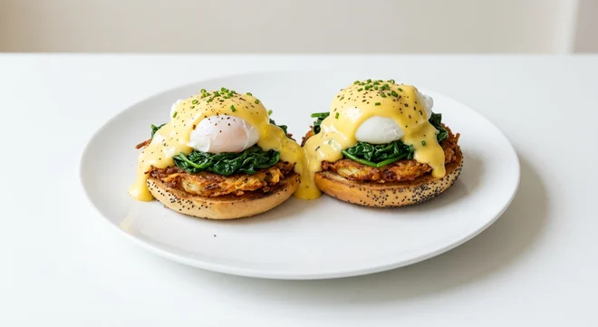 Frankie & Benny's Eggs Florentine, bagel halves with potato rosti, spinach, poached eggs and hollandaise on a white plate, nutrition and calories