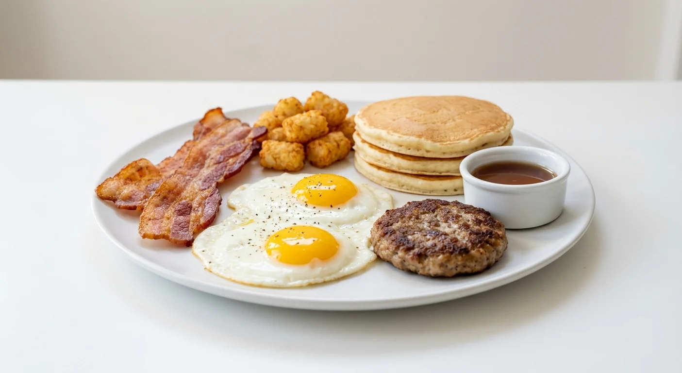 Frankie & Benny's Great NYC Breakfast, streaky bacon, two fried eggs, sausage patty, potato tots and pancakes with maple syrup on a white plate, nutrition and calories