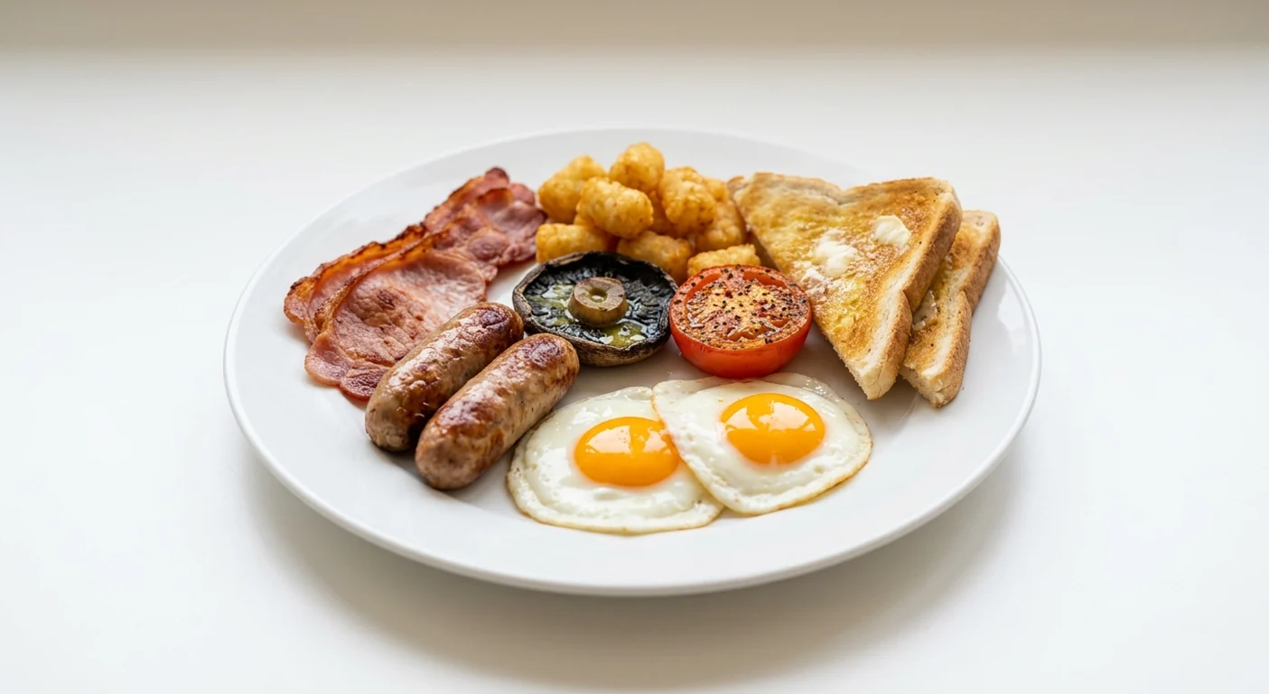 Frankie & Benny's Locals' Favourite Breakfast (Go Large), back bacon, two sausages, two fried eggs, mushroom, tomato, potato tots and toast on a white plate, nutrition and calories