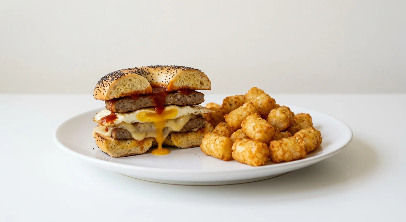 Frankie & Benny's Sausage Patty & Egg Bagel, poppy seed bagel with pork sausage patty, fried egg and Monterey Jack, with potato tots on a white plate, nutrition and calories