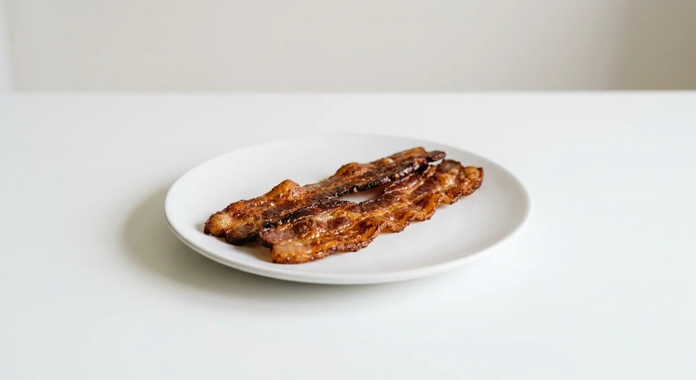 Frankie & Benny's Bacon (Breakfast Side), two rashers of crispy smoked streaky bacon on a white plate, nutrition and calories