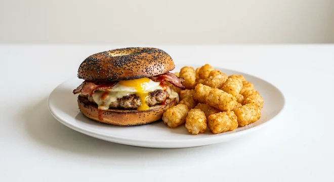 Frankie & Benny's The Big Apple Stack Bagel, poppy seed bagel with streaky bacon, sausage patty, fried egg and Monterey Jack, with potato tots on a white plate, nutrition and calories