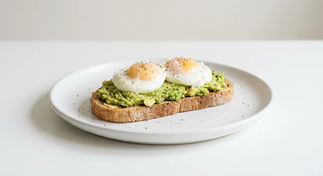 Frankie & Benny's Smashed Avo on Toast, smashed avocado and two poached eggs on wholemeal toast on a white plate, nutrition and calories