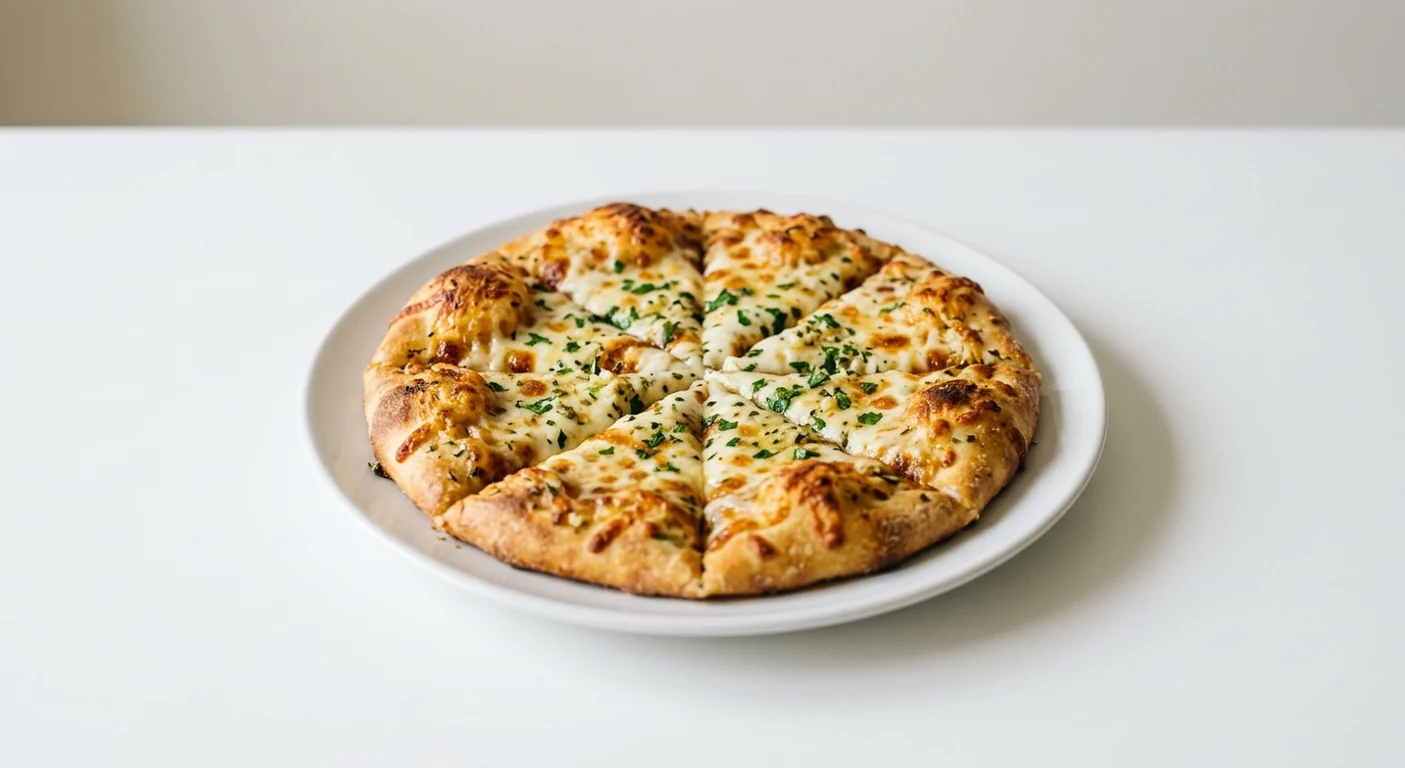 Frankie & Benny's Cheesy Garlic Bread, garlic pizza bread topped with melted mozzarella and herbs on a white plate, nutrition and calories