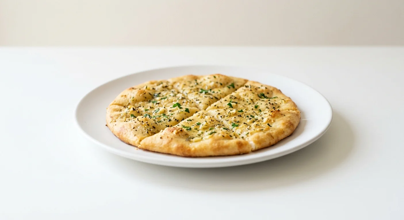 Frankie & Benny's Garlic Bread, garlic pizza bread with garlic butter and herbs on a white plate, nutrition and calories