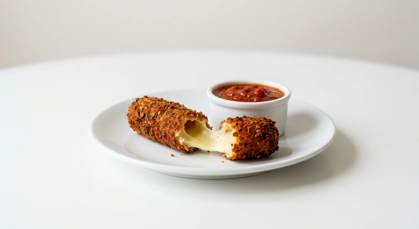 Frankie & Benny's Giant Mozzarella Stick, one giant breaded mozzarella stick with a cheese pull and marinara dip on a white plate, nutrition and calories