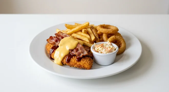 Frankie & Benny's BBQ Chicken Stack, breaded chicken with bacon, cheese sauce and BBQ sauce, with fries, onion rings and slaw on a white plate, nutrition and calories